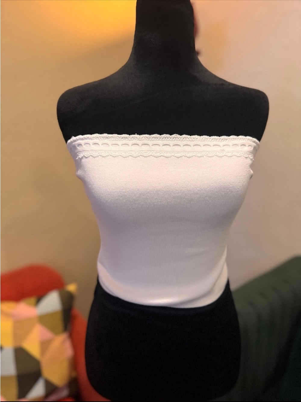 White Fox Strapless Lace-Trim Ribbed White Tube Crop Top